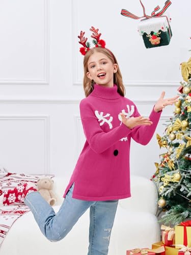 Image of Haloumoning Girls Christmas Sweater Kids Oversized Turtleneck Cute Reindeer Sweaters with Side Slit