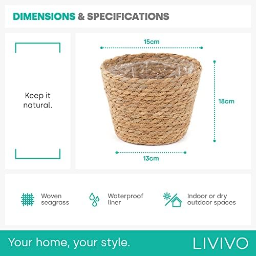 LIVIVO 3pc Seagrass Woven Natural Planter Basket, Natural Decorative Plant Pot for Flowers Plants Trees Baskets Perfect for Indoor & Outdoor Storage Organiser (M - 18x15x13CM)