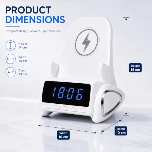 Image of One94Store 4-in-1 Wireless Charging Station with Bluetooth Speaker, LED Digital Clock, Phone Stand, Fast Qi Wireless Charger for iPhone, Samsung Galaxy & Android Devices