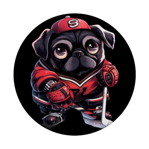Pug Ice Hockey Player Dog Hockey Stick Goalie PopSockets Swappable PopGrip, Black - Image 3