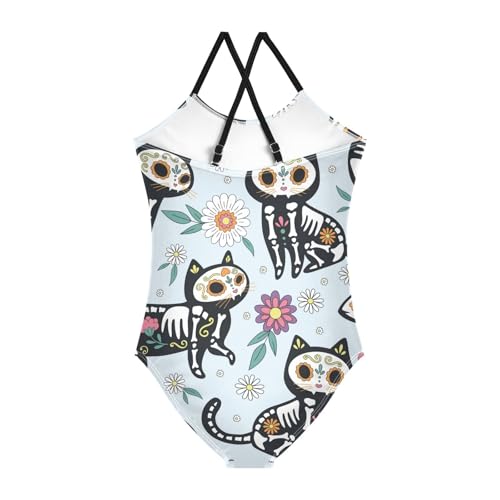 Girls One Piece Swimsuits Black Cat Skeleton Sugar Skull Pattern Sport Halter Swimwear Beach Bathing Suit, 4T2