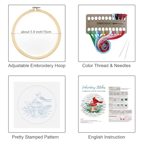 Image of Louise Maelys Cardinal Mushroom Embroidery Kit for Beginners DIY Craft | DIY Needlepoint Kit with Pre-Printed Fabric, Hoop, Threads, Needles and Guide. Cross Stitch Kit for Adults with Nature Design