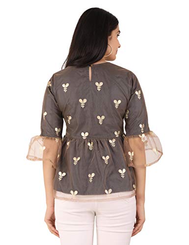 Image of UNFAKENOW Women Trendy Indo Western Casual wear Stylish Going Out Peplum Cotton top Ladies Floral Print Ruffled Plus Size Party net Tunic Long Bell Sleeve Pleated Fancy Nice top