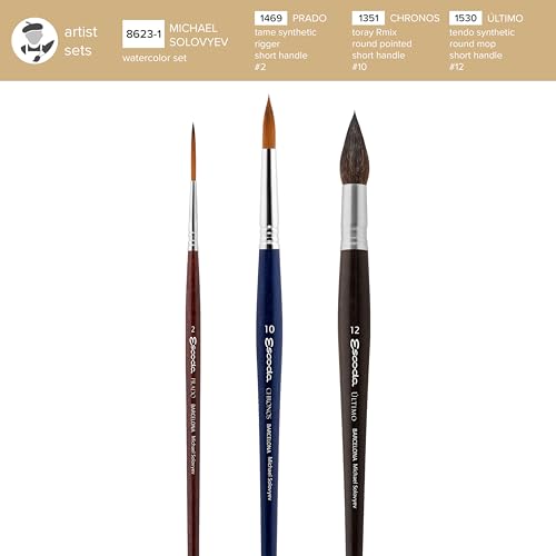 Image of Escoda | Watercolour | Artist Set Michael Solovyev | Size 2,10,12 | 3 Brushes | Natural Synthetic | Tame + Toray-RMix (90% Gold Toray - 10% Red Sable) + Tendo | Rigger + Round Pointed + Round Mop