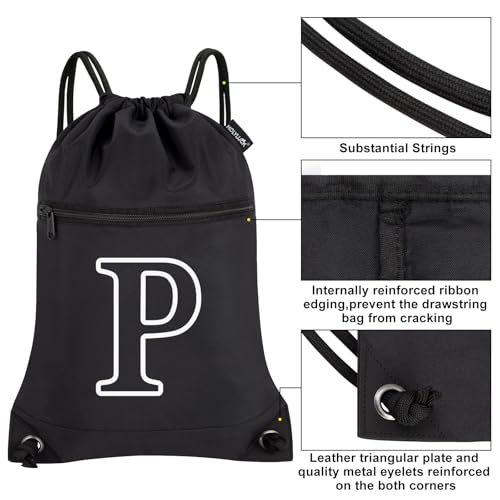 Image of HOLYLUCK Drawstring Bags Initial Backpack Sackpack Cinch Bags for Sports, Gym, Travel, Beach (Black-P)
