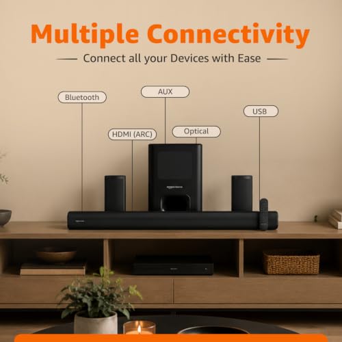 Image of amazon basics 180W Soundbar with Subwoofer & Surround Speakers, 5.1 Channel Home Theatre Sound System for TV, HDMI ARC, Optical, Bluetooth 5.3, USB, AUX, SD Card, Remote Control, Deep Bass, Black