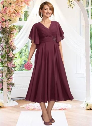 DREAMIND Grape Chiffon Mother of The Bride Dresses Plus Size 2025 Ruffled V Neck Tea Length Mother of The Groom Dress US20w3