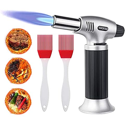 Flintronic Flambierbrenner Küchenbrenner, Butan Gasbrenner mit 2 Silikonbürsten, Lötbrenner Sicherheitsschloss & Edelstahl Cover