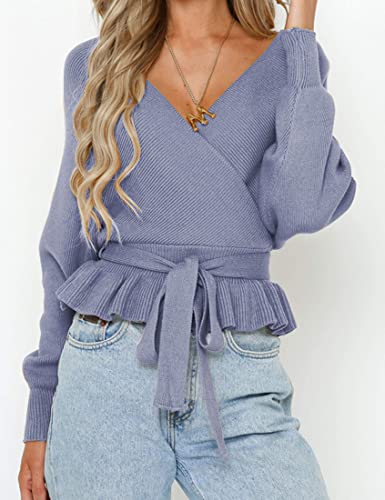 Image of ZESICA Women's Fall 2026 Wrap V Neck Long Batwing Sleeve Belted Waist Ruffle Knitted Sweater Pullover Top