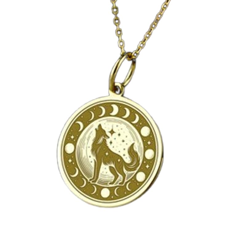 Collier pendentif loup gravé rond argent 925 plaqué or et chaîne maille forçat 45 cm LKBEADS