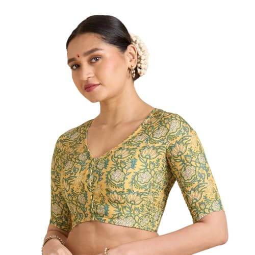 Image of Studio Shringaar Women's Yellow Cotton Printed Side Stretch (Smocked) Readymade Saree Blouse
