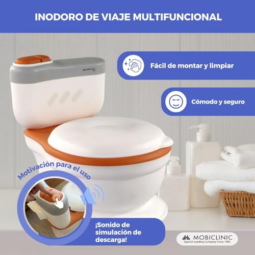 Miniatura 4 de Mobiclinic® kids, Orinal bebé, Toikid, Edad 1-3 años, Con tapa, Sonido de descarga, Compartimento para papel higiénico, Funciona pilas, Cubeta extraíble, Asiento impermeable (naranja)