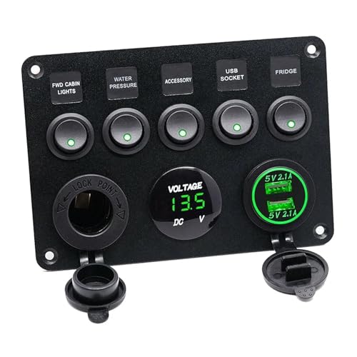 Panneau de commutation LED 5 gangs avec affichage numérique de la tension et double USB vert