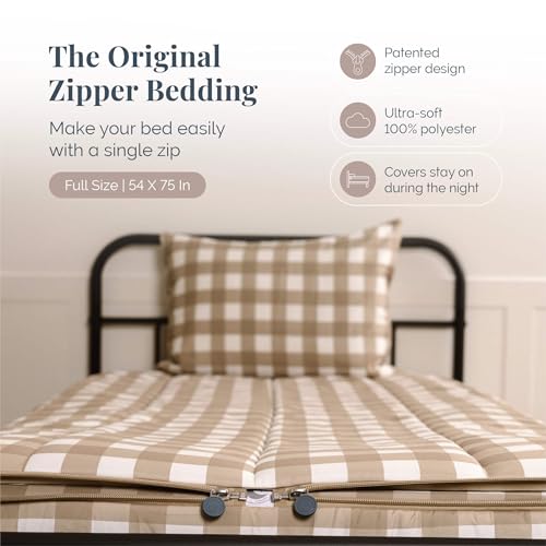 Image of Beddy's Tan Checkered All-in-One Zipper Bedding Set for Kids /Teens - Full | Smooth-Glide Zippers, Easy To Make & Wash, Soft Durable Fabric, Checkered Interior, Includes 2 Pillowcases & 2 Shams