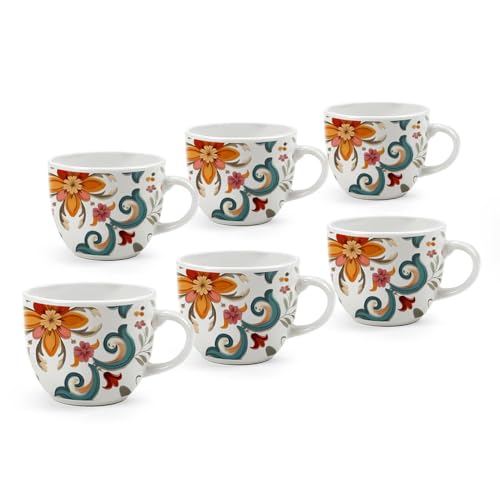 Set 6 Tazze in Ceramica "Romantic" - da Caffè, Motivo Floreale, Elegante, Colazione, Idee Regalo - Capacità 80 ml