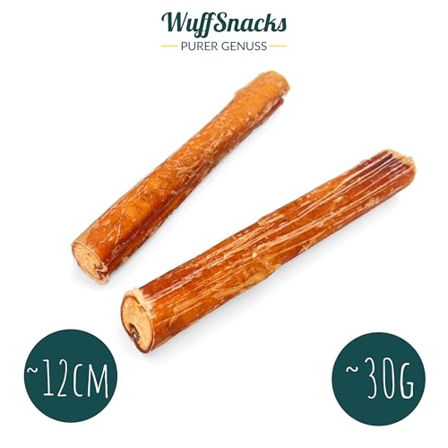 Ochsenziemer für Hunde I 10 Stück I 12 cm I natürliche und hochwertige Ochsenziemer Stücke I Bully Sticks I fettarm und proteinreich I Kauartikel zur Zahnpflege von Wuffsnacks