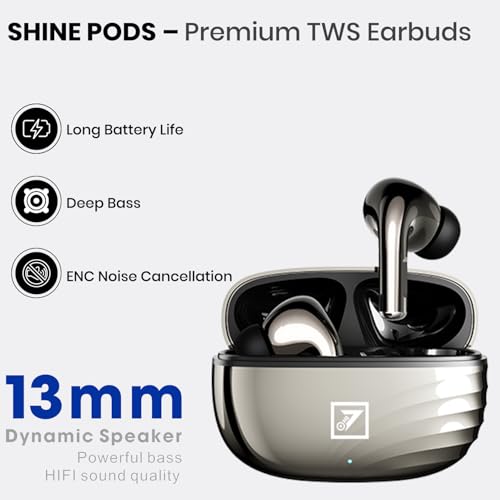 Image of ONE 7 Shine PODS Wireless in-Ear Earbuds | 13mm Dynamic Driver | Deep Bass | ENC Calling | Bluetooth v5.3 | Up to 36 Hours Playtime | Lightweight with Silicone Case (ON TWS-54) (Glossy Grey)