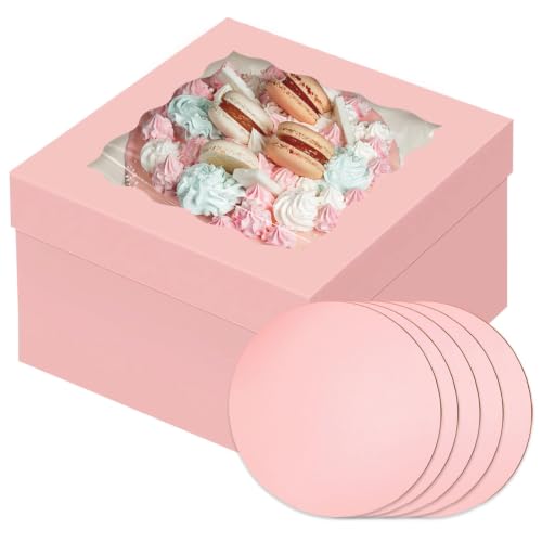 Gcardist 12x12x8 Inch Cake Box, 5 Sets Pink Cake Box with Window ＆ 5 Sets 12 Inch Pink Cake Round Boards, Cake Containers(30.5x30.5x20.3cm)