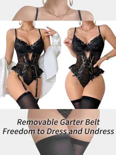 Image of Lilosy Sexy Stocking Lace Mesh Bodysuit Top Underwire Garter Lingerie Set 3 Piece