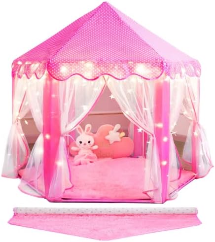 SISTICKER Princess Tent for Girls Kids Play Tent with Star Lights and Mat Toddlers Tent Kids Playhouse Indoor and Outdoor Toys for Girls (Princess Tent with mat)