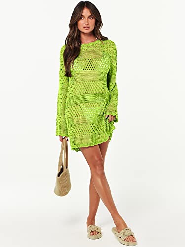 Anrabess Women Swimsuit Crochet Swim Cover Up Summer Bathing Suit Swimwear Knit Pullover Beach Dress 958Yingguanglv-M Green #TOP6