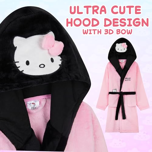 Image of Hello Kitty Sanrio Robe for Girls, Teens, Fleece Hooded Bath Robe Cozy Loungewear Cinnamoroll Kuromi Kawaii Gifts For Girls (9-10 Years, Pink Hello Kitty)