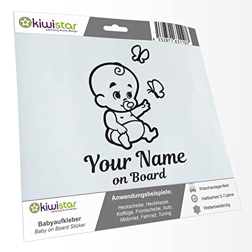 Kiwistar – babydekal – matt svart – babyfjärilsklistermärke – med önskad text individuellt personlig ombord 15 cm – för bil, motorcykel, cykel, tuning