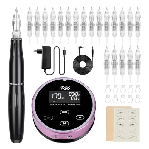 BIOMASER Permanent Makeup Machine Kit Microblading Machines with Swiss Motor Rotary Pen Mini Power Supply Cartridge Needles for Eyebrow Eyeliner Lip MTS (P30)