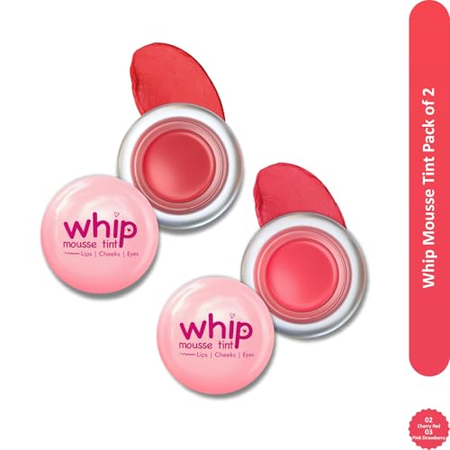 Image of Glam21 Whip Mousse Tint 3-in-1 | Lip, Cheek & Eye Tint | Vitamin E, Jojoba Oil & Shea Butter | Waterproof, Long-Lasting, Highly Pigmented | Lightweight Travel-Friendly Makeup | 4gm Each | Combo Pack Of 2 (Cherry Red&Pink Strawberry)