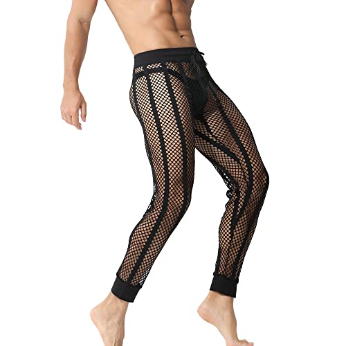 YUFEIDA Men's Fishnet Pants Drawstring Bottoms Low Rise Mesh Leggings Muscle Fit Long Pants See Through Thermal Bottoms2