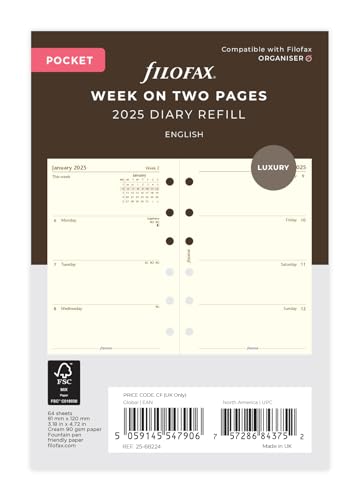Carta color crema di cotone Settimana tascabile su due pagine cotone crema Inglese 2025