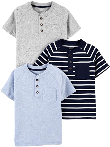 La Mejor Lista de Playera Niño al mejor precio. 41 Simple Joys by Carter's - Camiseta Henley de manga corta con bolsillo para niños pequeños, paquete de 3, gris jaspeado/azul marino, rayas, 4T