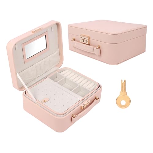 Image of BUCKETLIST PU Leather Jewellery Organizer Box with Mirror & Necklace Hooks | Large Multi-Compartment Jewelry Storage Case with Removable Tray & Mini Travel Box (Luxury Jewelry Box with Mirror (Pink))