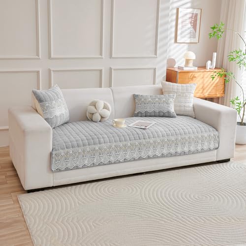 Image of HOKIPO 'BelleLace Series' Imperial Milk Velvet Sofa Cover Mat for 2 Seater Sofa, Lace Design, Cloud Grey (AR-5964-LGRY*1)