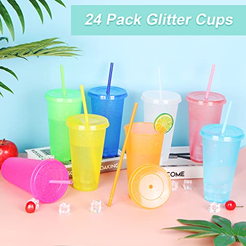 24 Pack Plastic Tumblers with Lids and Straw, Reusable Cups with Lids and Straws Colorful Cups for Cold Drink Iced Coffee, Plastic Tumbler Bulk for Party Birthday Gifts (24 oz, Light Colors)