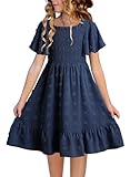 blibean Tween Girls Spring Dress Teen Girl Chiffon Flower Boho Dresses Little Kids Flutter Short Sleeve Formal Clothes Party Swiss Dots Vestidos Niñas Size 6-7 Years Old Navy Blue