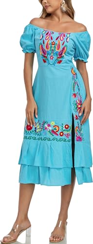 Image of YZXDORWJ Mexican Dress for Women Boho Embroidered Sexy Ruffle Maxi Dress Short Sleeve Summer Beach Wedding Party Dress