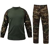 Men's Tactical Airsoft Combat Uniform Set Combat Shirt & BDU Pants (Woodland Camo, L)