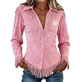 LinRim Ropa hippie para mujer, vaquera, camisa occidental, camisa occidental vintage, camisa con flecos de ante sintético para carnaval, carnaval, Halloween, festival, fiesta temática, Rosa., XXL