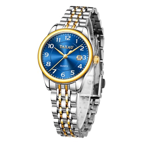 Silver Watch for Women Two Tone Gold Women's Watches Stainless Steel Waterproof Watch for Ladies Business Dress Wrist Watches with Calendar