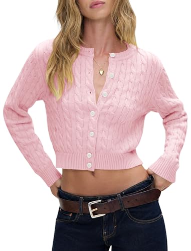 Balimtoy Women Cable Knit Cropped Cardigan Sweater