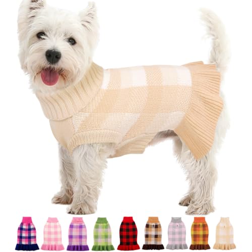 Image of Dog Sweater Dress Plaid Knitwear for Small Dogs Girl Christmas Clothes
