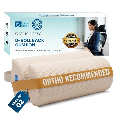 Image of D-Shaped Lumbar Support Roll | 5-Yr-Warranty | Memory Foam | Medical Grade Back Cushion for Lower Back Pain, Sciatica | Office Chair & Car Seat Lumbar Roll(White)(Set of 2)