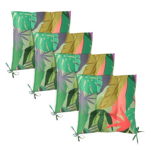 OHS 4 Pack Seat Pads for Dining Chairs, Palm Print Chair Cushions Soft Comfortable Outdoor Cushions with Ties for Garden Living Room Kitchen Office Dining Chair Seat Pads, Green - 40 x 40cm