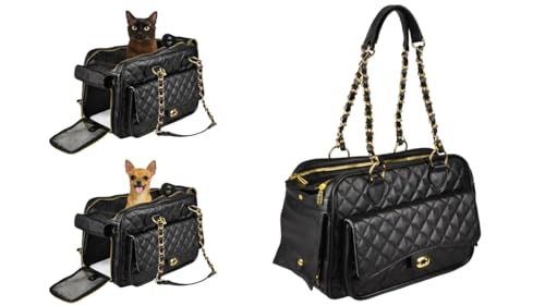 Hundetasche - Tragetasche Gigi Schwarz – 40x22x28cm – Kunstleder – Kissen herausnehmbar – Sicherheitsleine – Tragegriffe – Belüftungsnetz – Standfüße – Außentasche