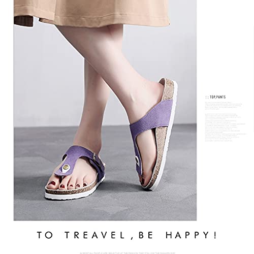 GHYUB Flip Flop Sandals for Women,Slippers with Arch Support,Real Cowhide Cork Slippers Summer Wear Fashion All-Match Women's Shoes New Sandals Beach Sandals Flip-Flops (Color : Purple, Size : EUR38)3