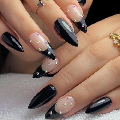 Image of Black Press on Nails French Tip Fake Nails Medium Almond False Nail Rhinestone Glue on Nails Glossy Full Cover Artificial Acrylic Stick on Nail for Women Girls Manicure 24Pcs