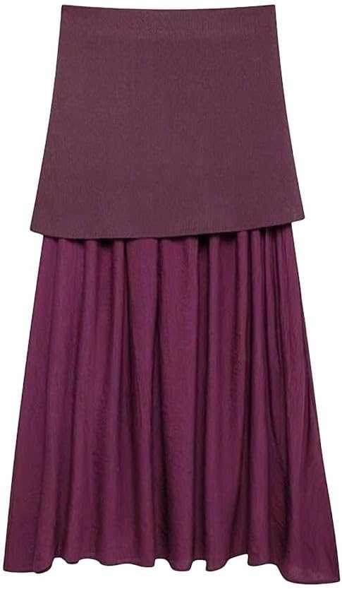 Women's Fashion Knitted Patchwork Pleated Side Zipper Midi Skirt Vintage High Waist Chic Bodycon Pencil Skirt