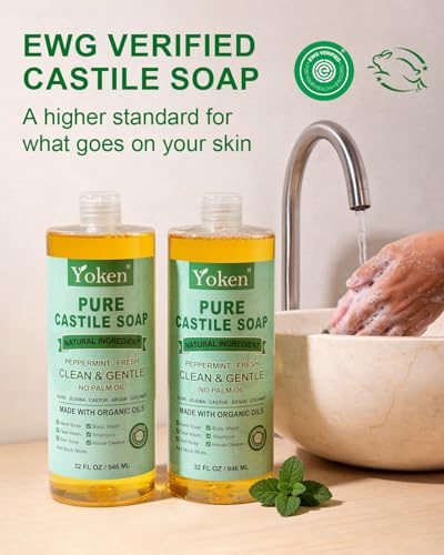 Image of Yoken 2 Pack EWG Peppermint Castile Soap 32oz, Gentle Daily Liquid Soap