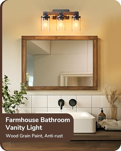 Image of EDISHINE Farmhouse 3-Light Wall Sconce, Bathroom Vanity Lights Over Mirror | Clear Glass Shades, Wood Grain Paint, E26 Standard Medium Base, Vintage & Elegant Design for Vanity Table, Living Room
